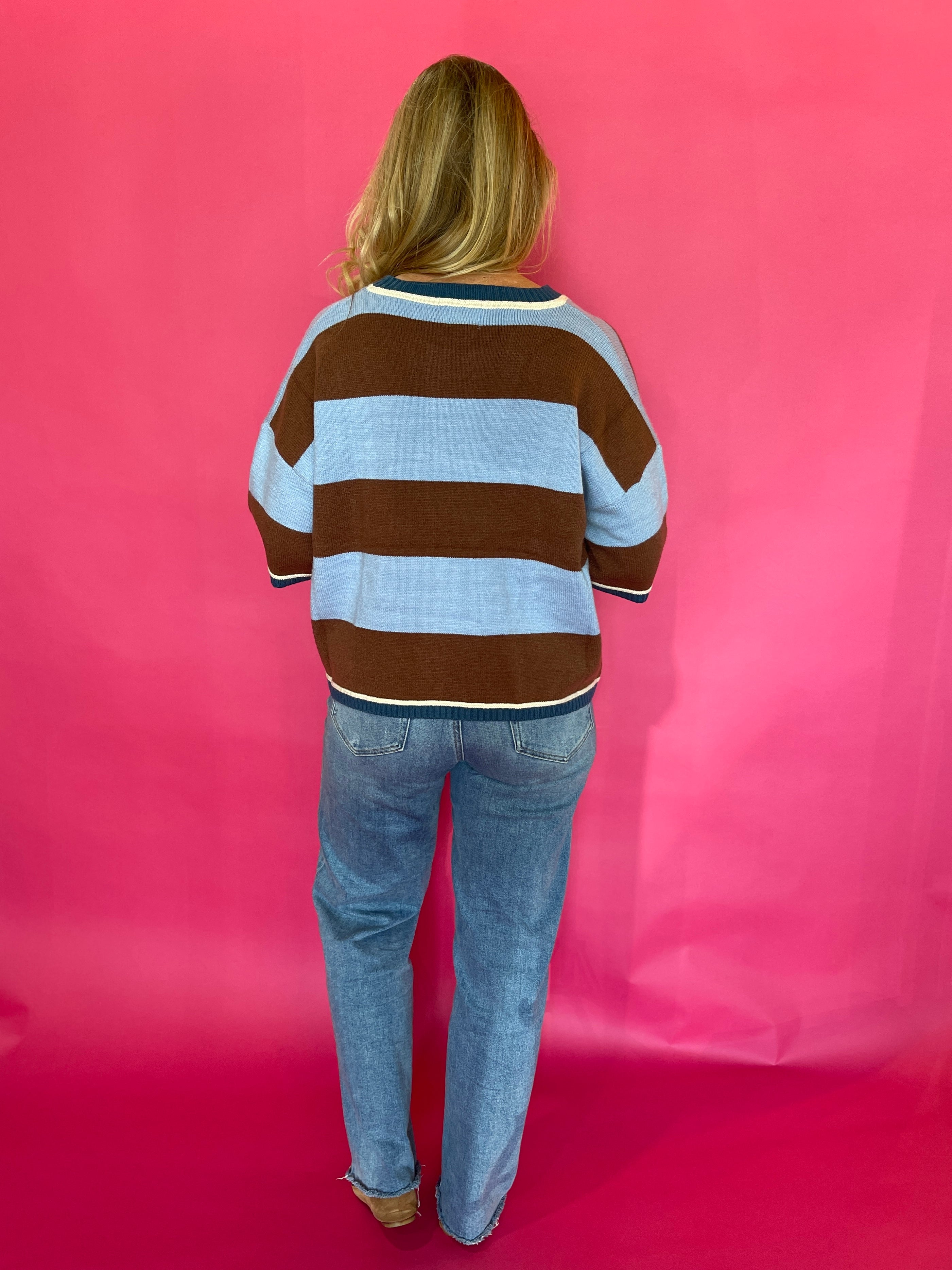 Oversized Wide Stripe Short Sleeve Sweater Top in Blue/Brown