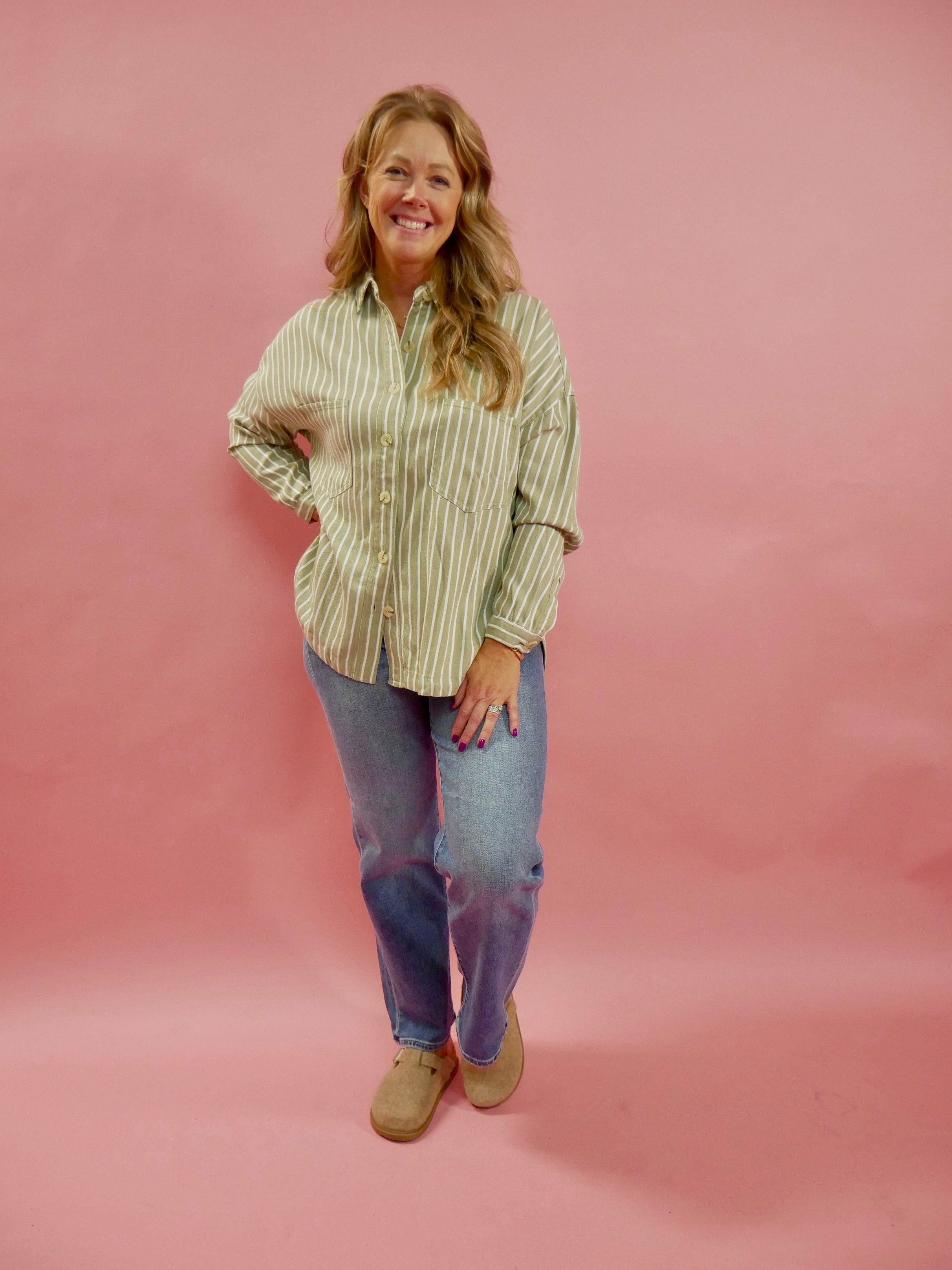 Amelia Long Sleeve Striped Button Down Top in Olive