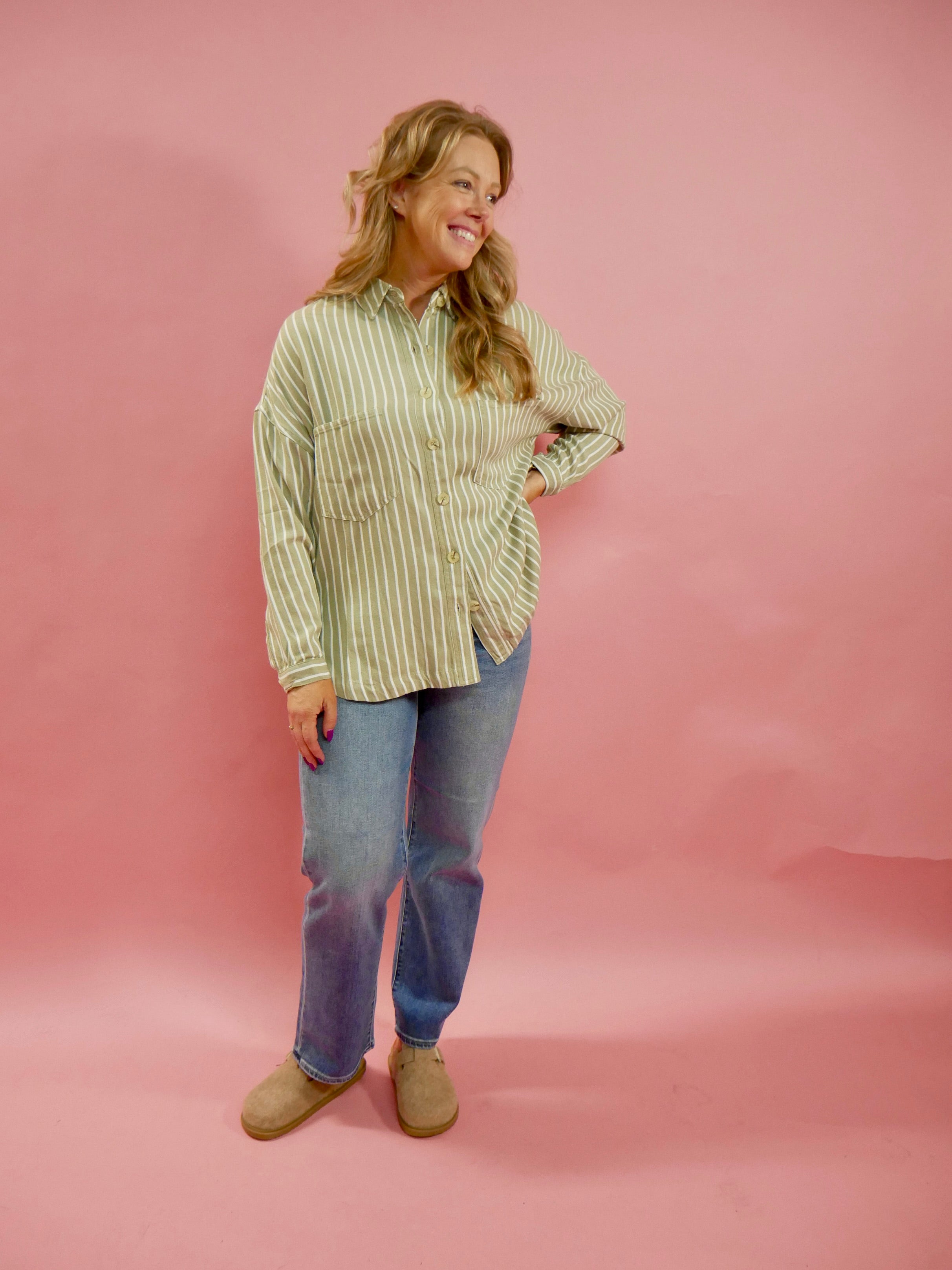 Amelia Long Sleeve Striped Button Down Top in Olive