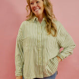 Amelia Long Sleeve Striped Button Down Top in Olive