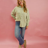 Amelia Long Sleeve Striped Button Down Top in Olive