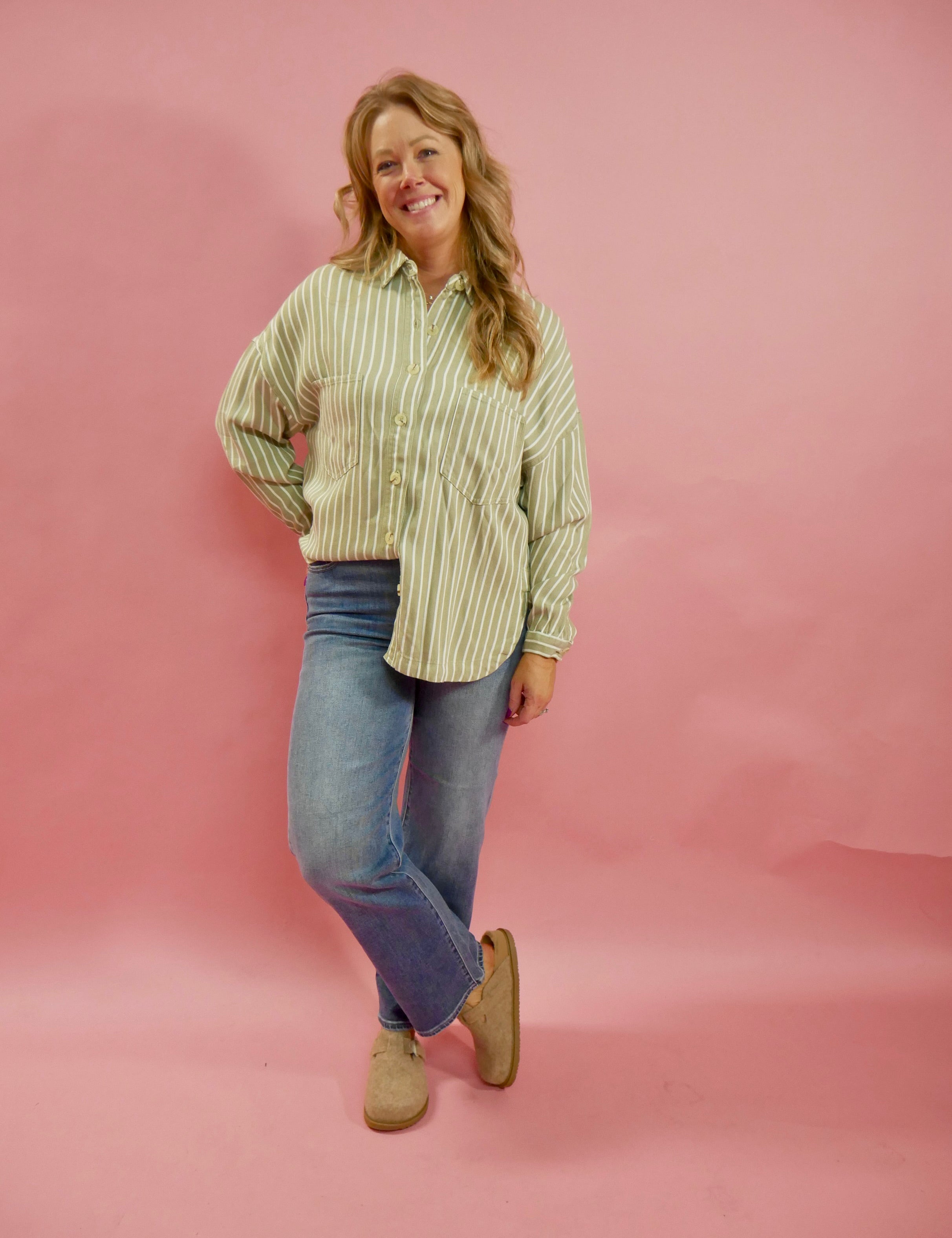 Amelia Long Sleeve Striped Button Down Top in Olive