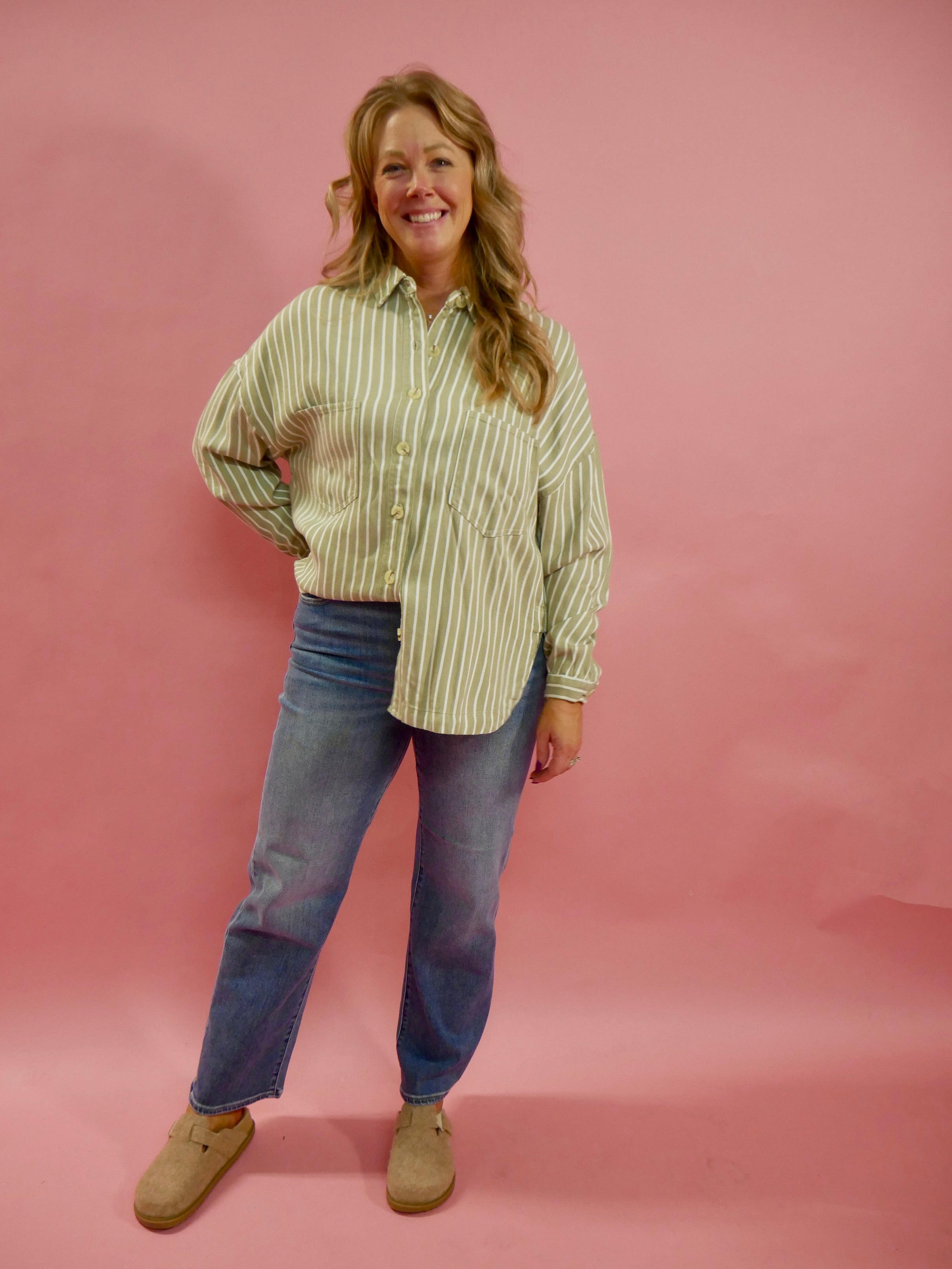 Amelia Long Sleeve Striped Button Down Top in Olive