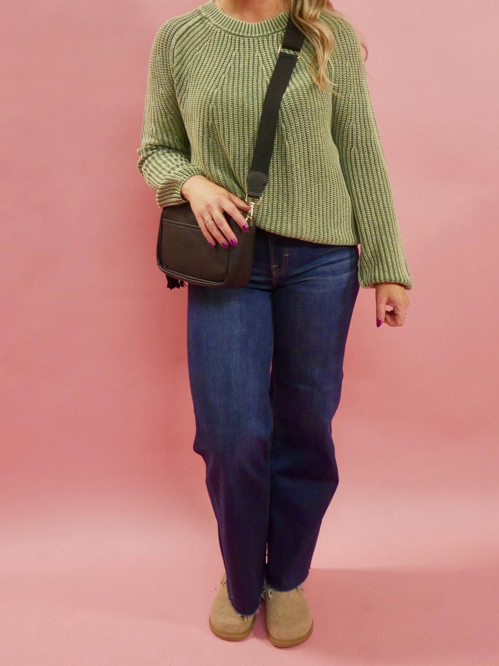 Maggie Crewneck Knit Pullover Sweater in Olive