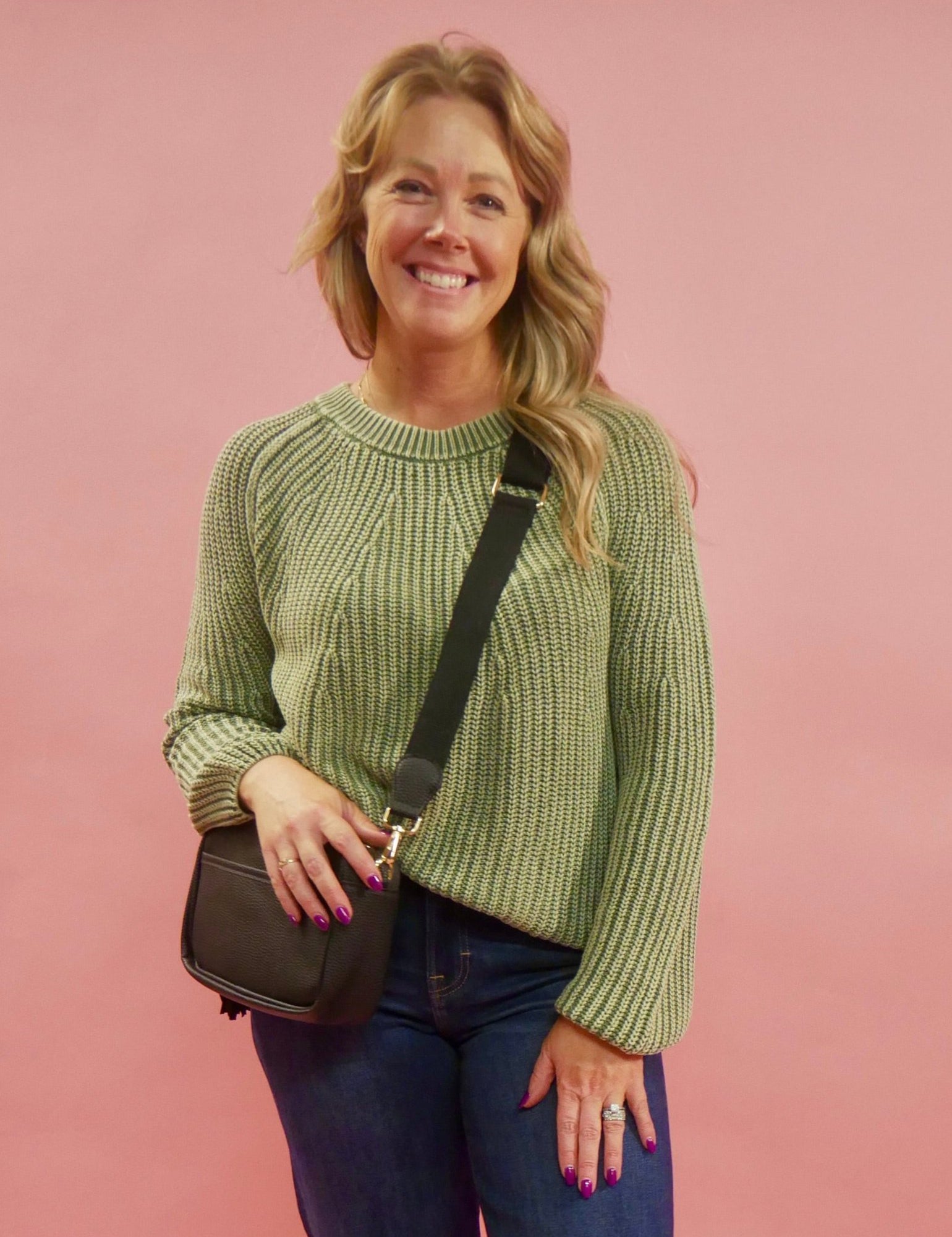 Maggie Crewneck Knit Pullover Sweater in Olive