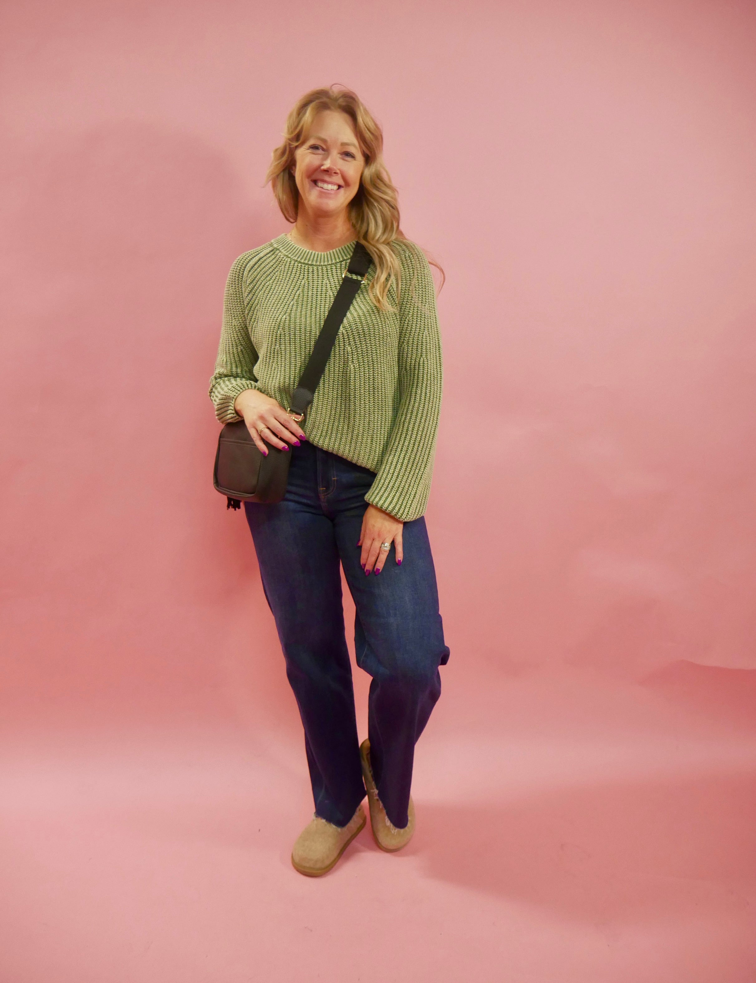 Maggie Crewneck Knit Pullover Sweater in Olive