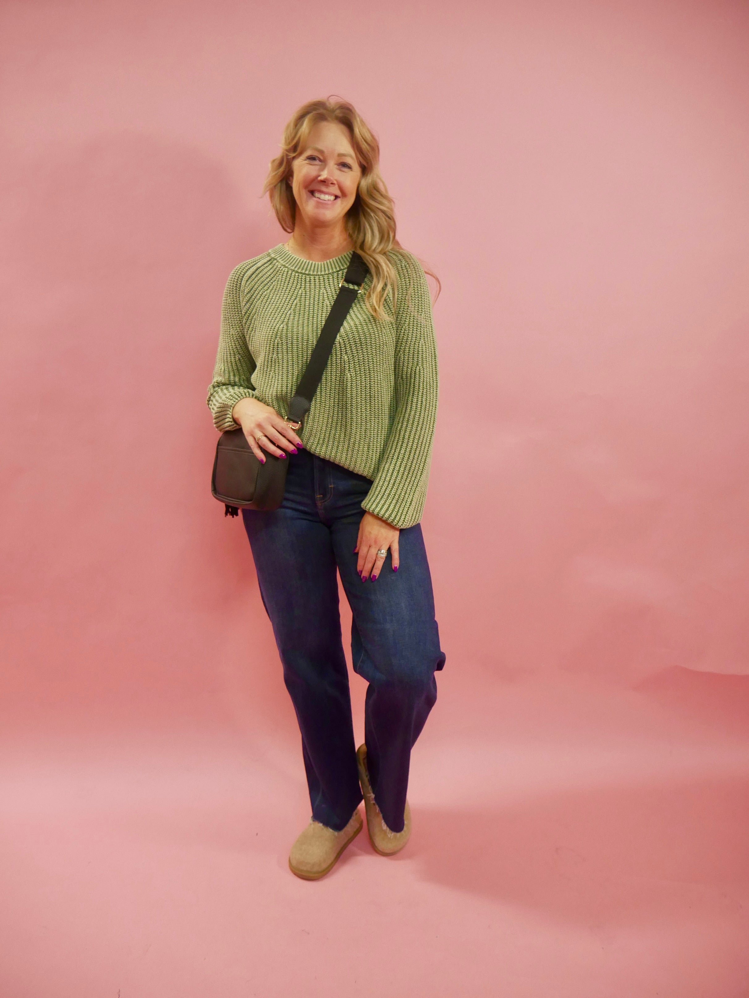 Maggie Crewneck Knit Pullover Sweater in Olive