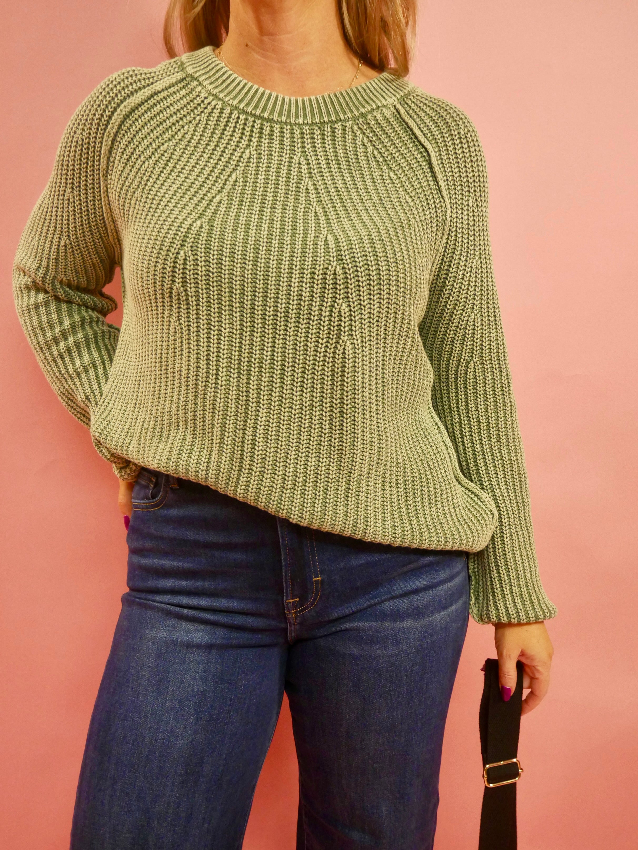 Maggie Crewneck Knit Pullover Sweater in Olive