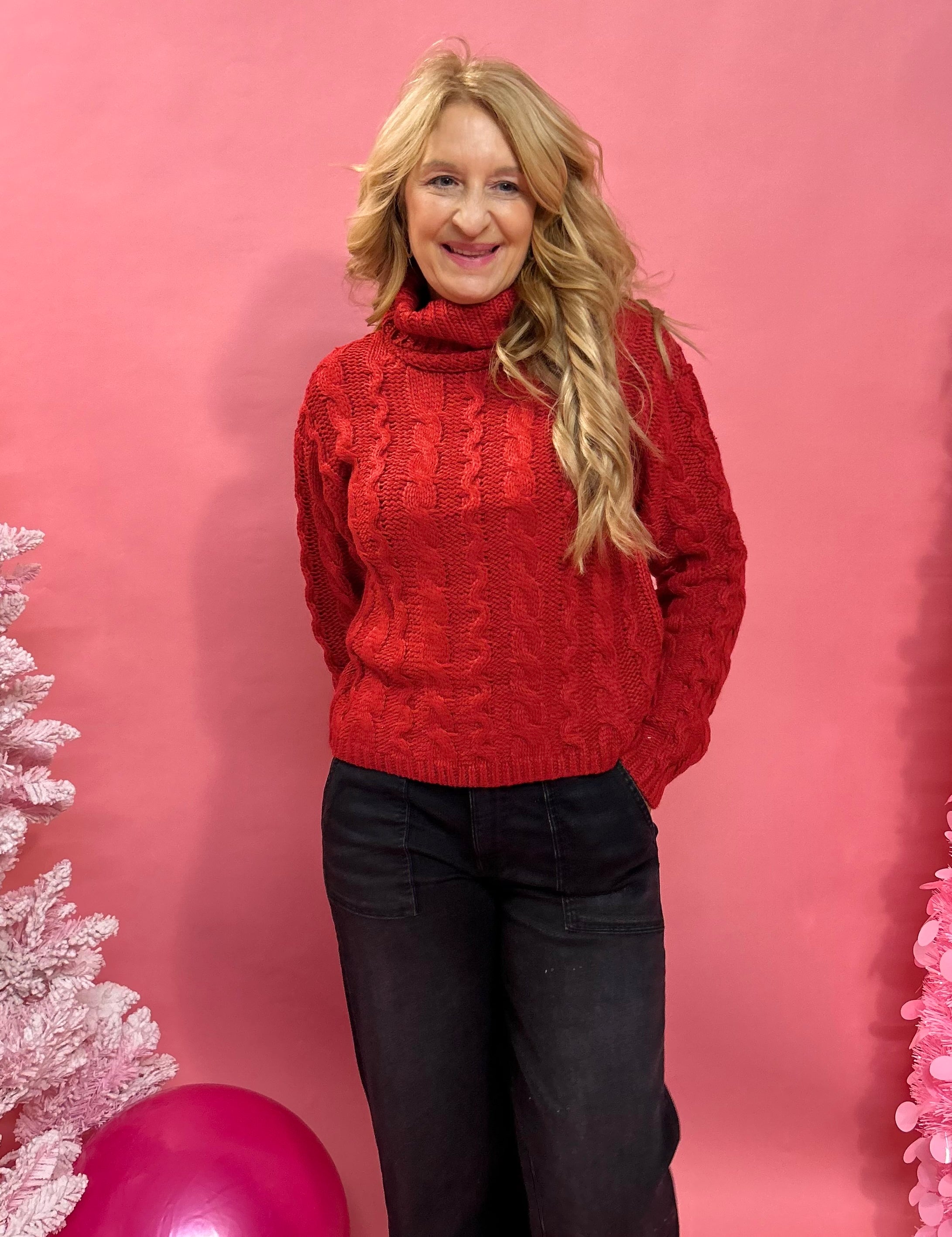 Tied To You Cable Knit Sweater in Red