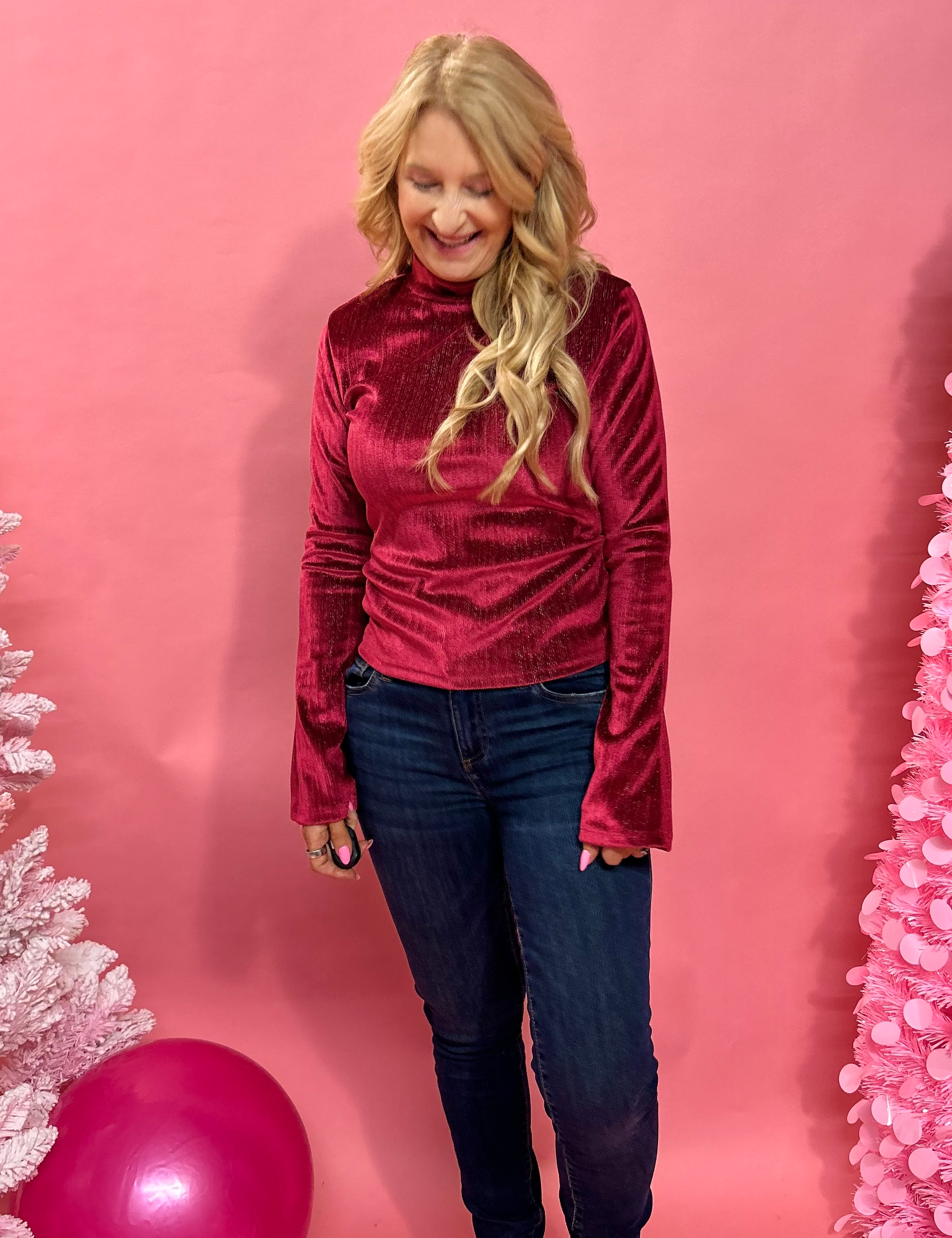 Verosa Bell Sleeve Velvet Top in Burgundy