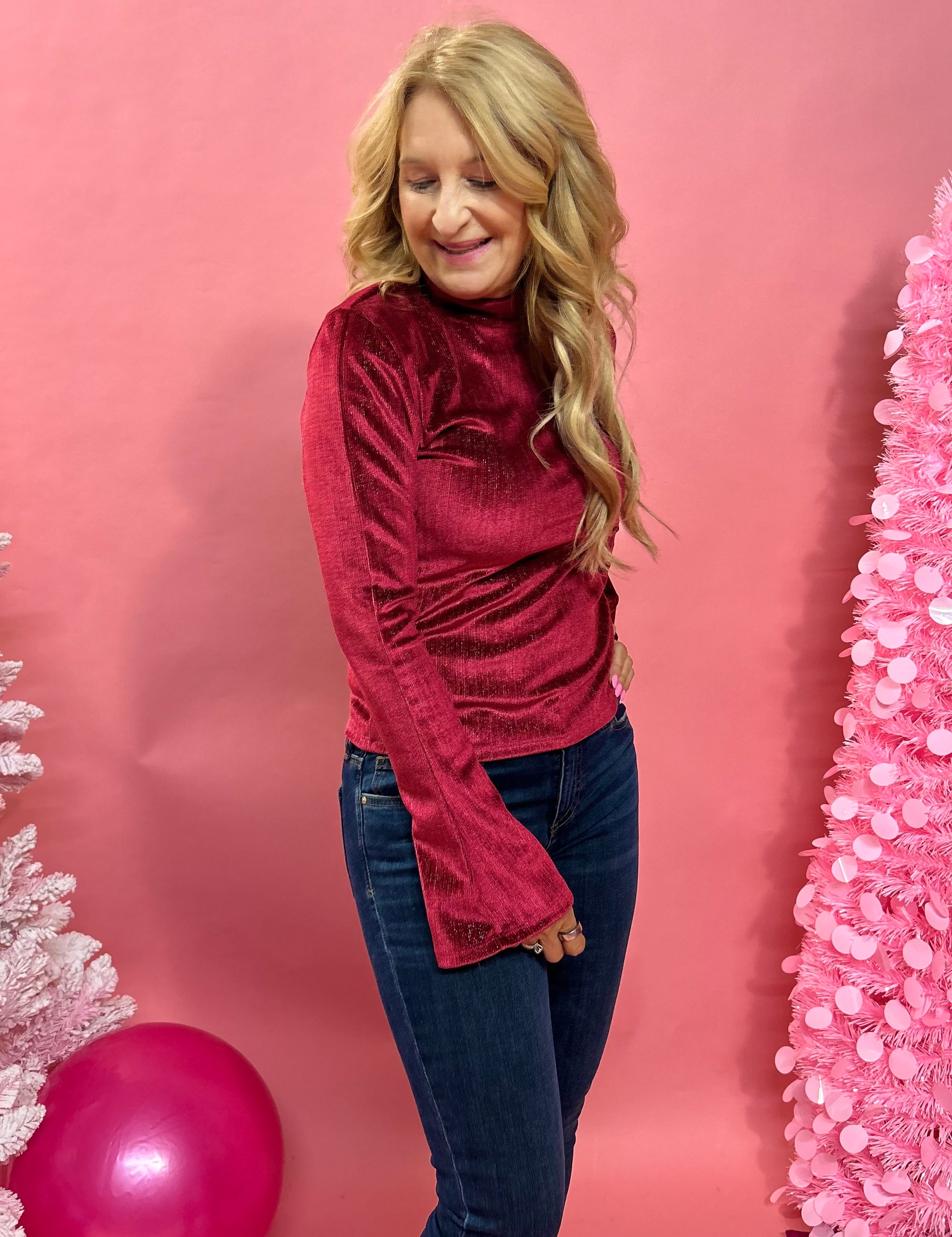 Verosa Bell Sleeve Velvet Top in Burgundy