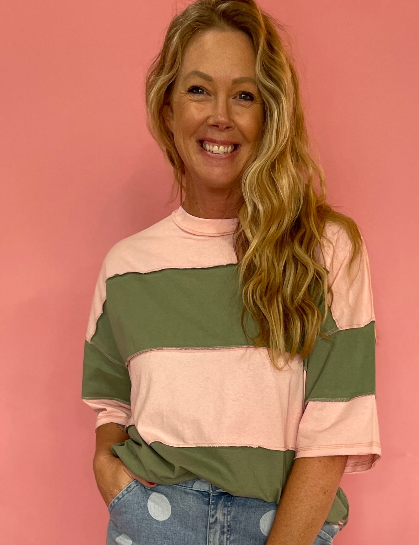 Pink and Green Striped Oversized Boyfriend Tee