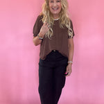 Pintuck Polka Dot Button Down Puff Sleeve Top in Brown
