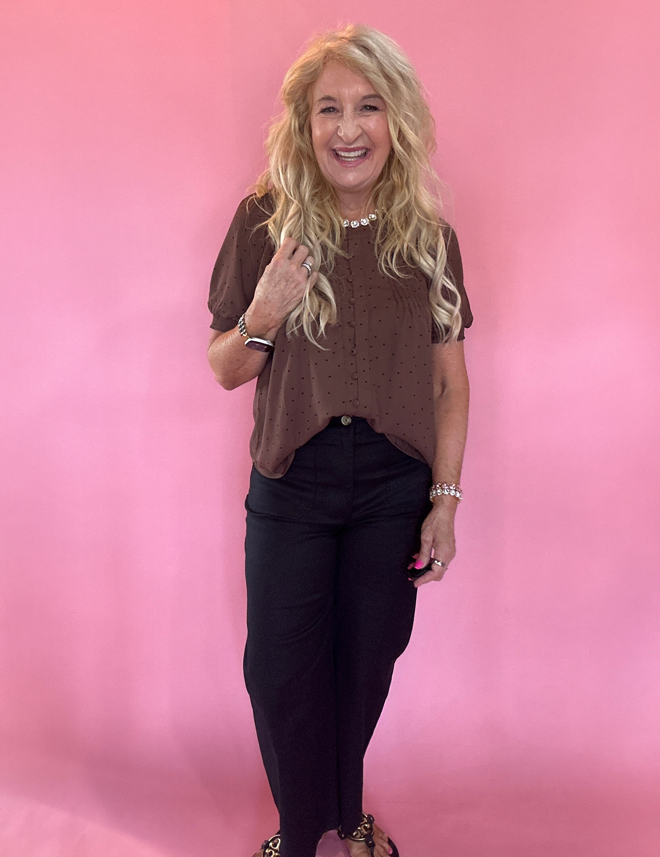 Pintuck Polka Dot Button Down Puff Sleeve Top in Brown
