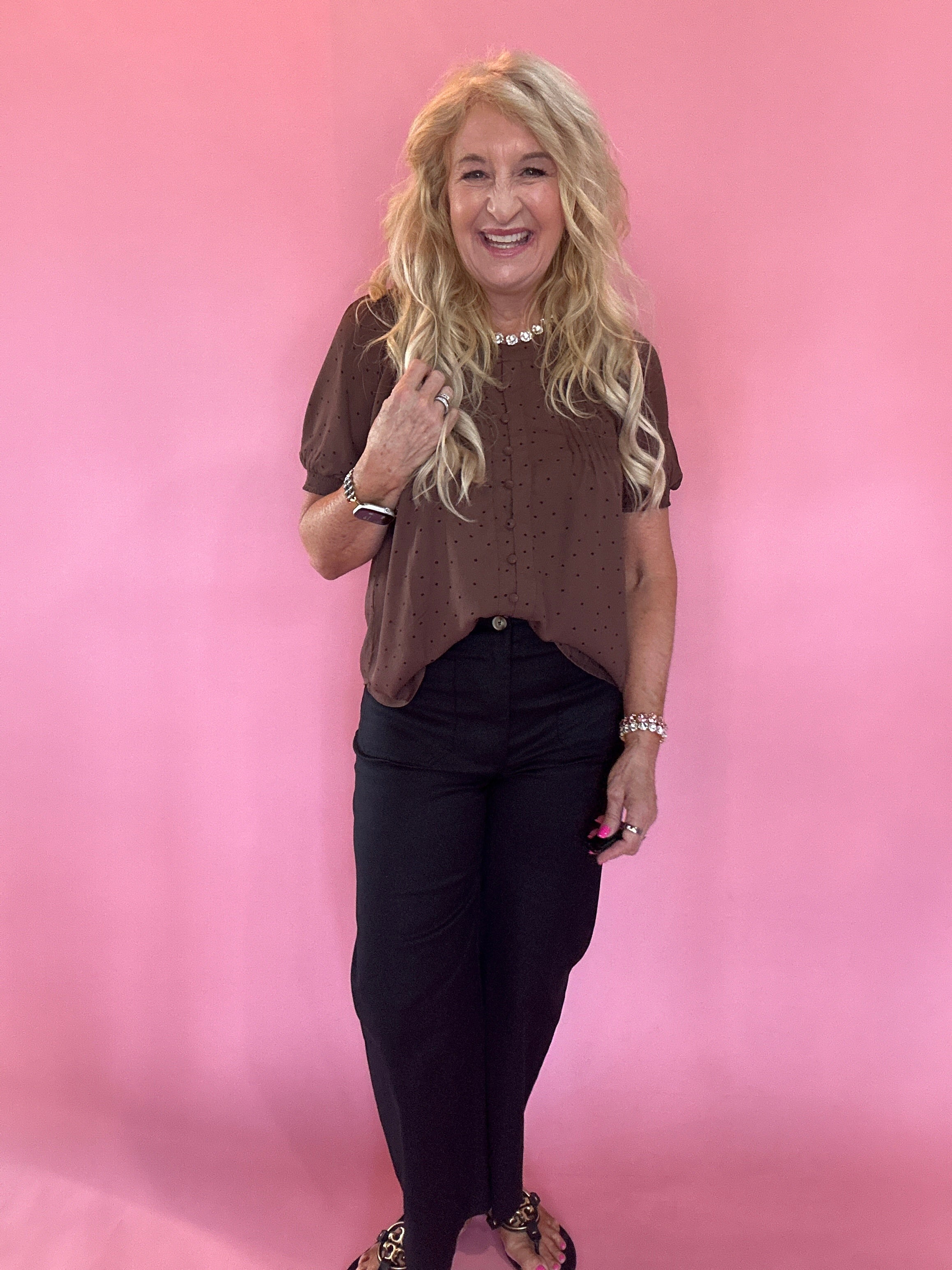 Pintuck Polka Dot Button Down Puff Sleeve Top in Brown