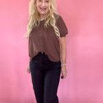 Pintuck Polka Dot Button Down Puff Sleeve Top in Brown