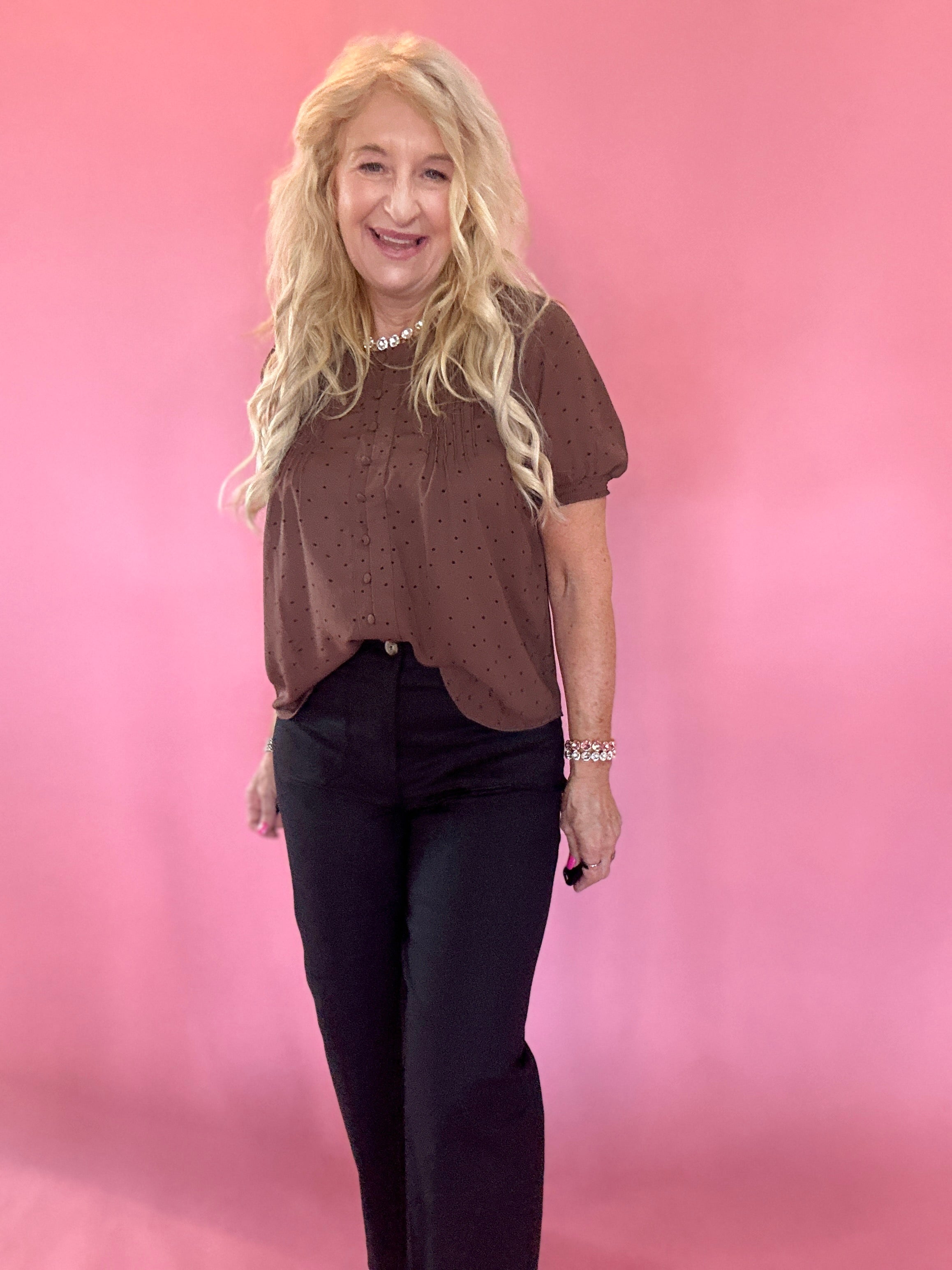 Pintuck Polka Dot Button Down Puff Sleeve Top in Brown