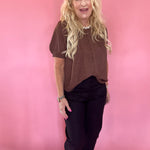 Pintuck Polka Dot Button Down Puff Sleeve Top in Brown