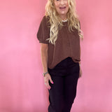 Pintuck Polka Dot Button Down Puff Sleeve Top in Brown