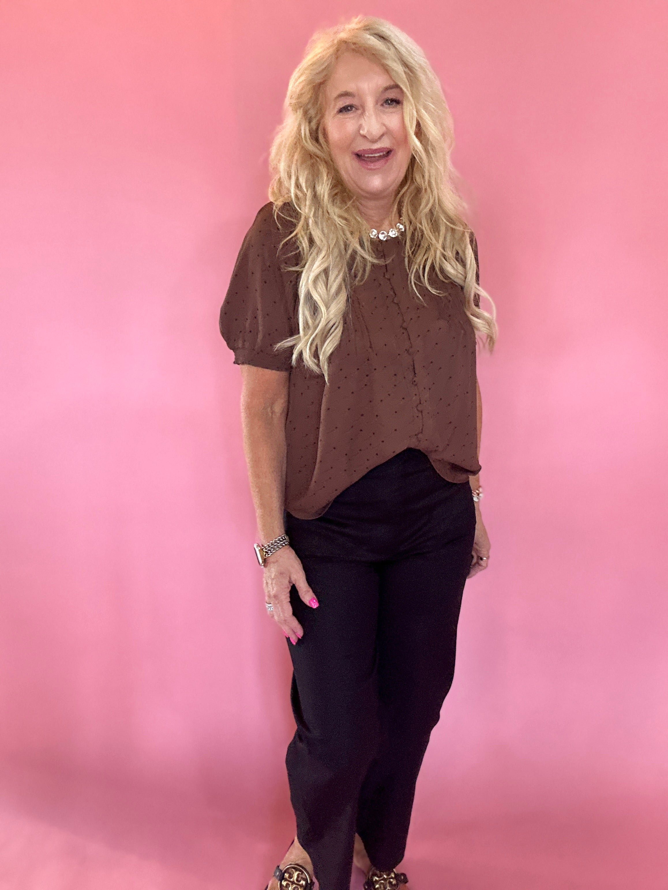 Pintuck Polka Dot Button Down Puff Sleeve Top in Brown
