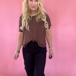 Pintuck Polka Dot Button Down Puff Sleeve Top in Brown