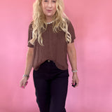 Pintuck Polka Dot Button Down Puff Sleeve Top in Brown