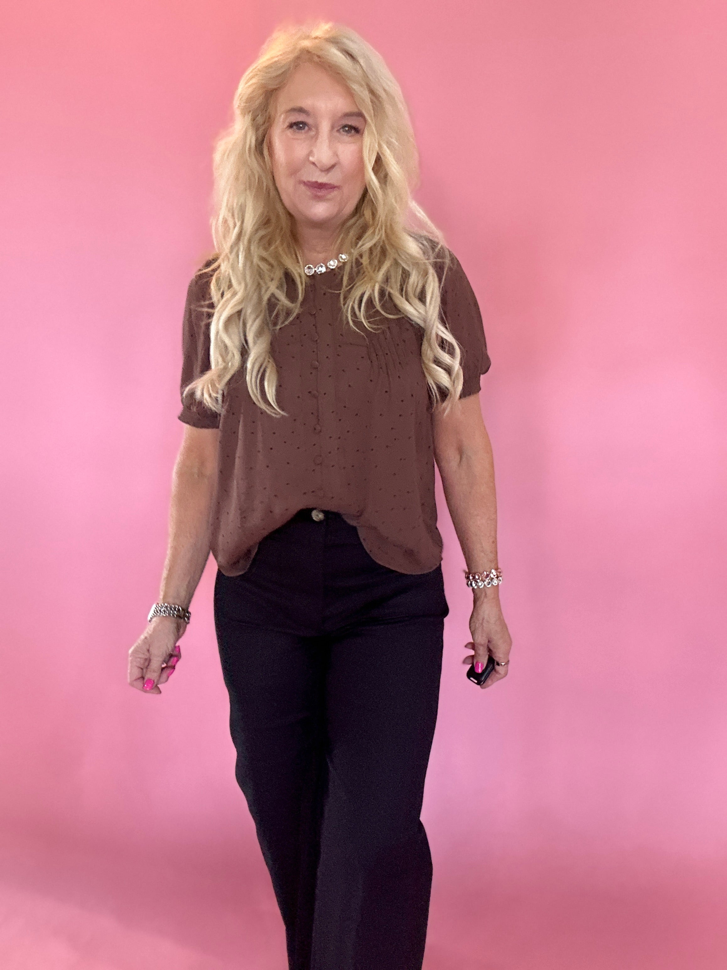 Pintuck Polka Dot Button Down Puff Sleeve Top in Brown