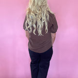 Pintuck Polka Dot Button Down Puff Sleeve Top in Brown