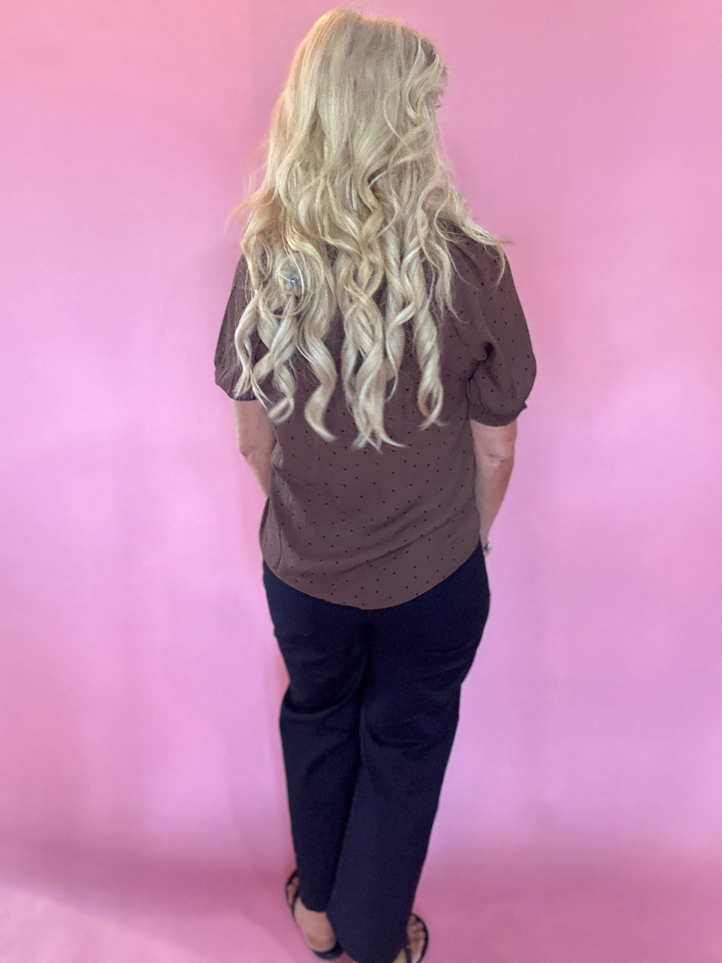 Pintuck Polka Dot Button Down Puff Sleeve Top in Brown