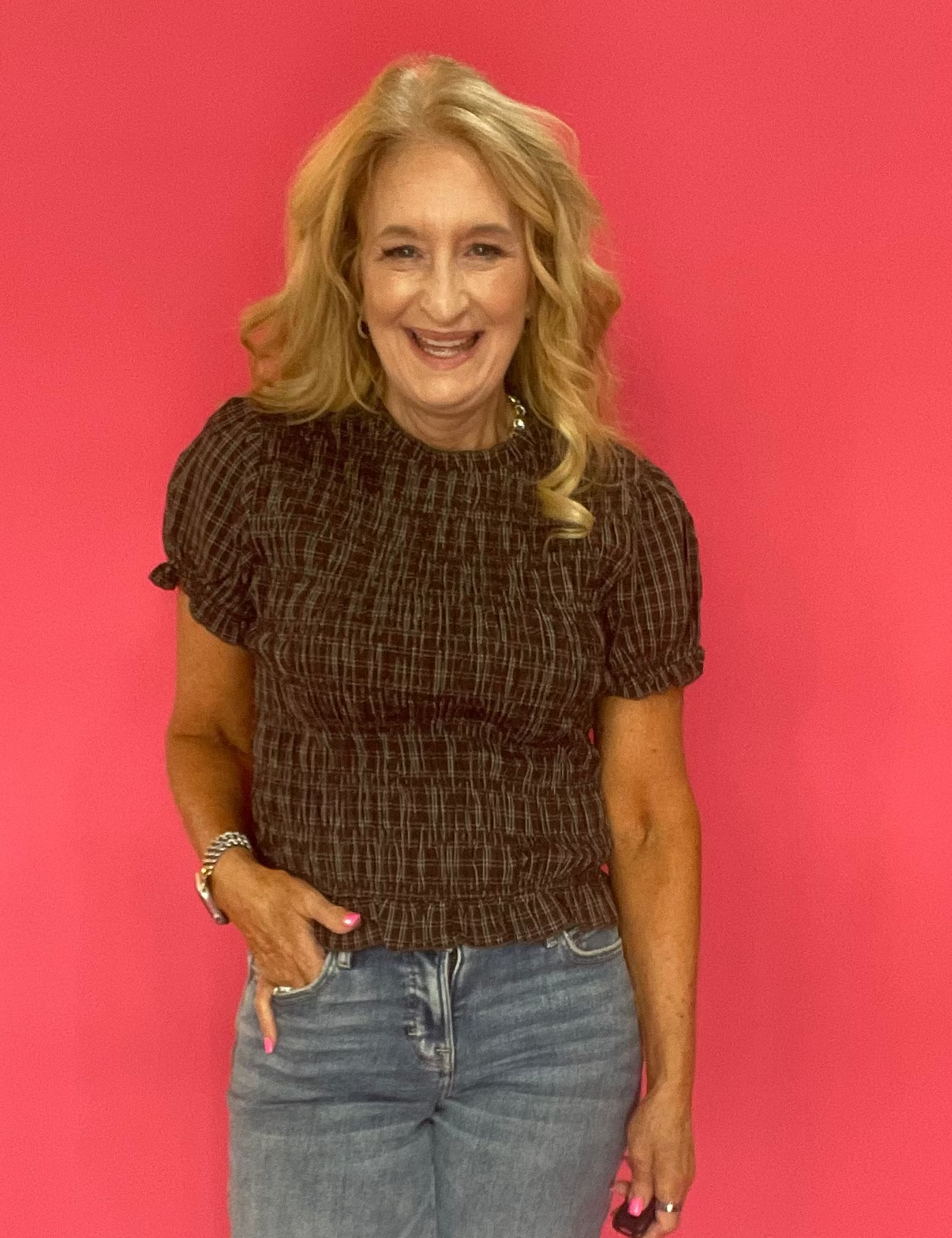Plaid to Meet You Smocked Top in Brown