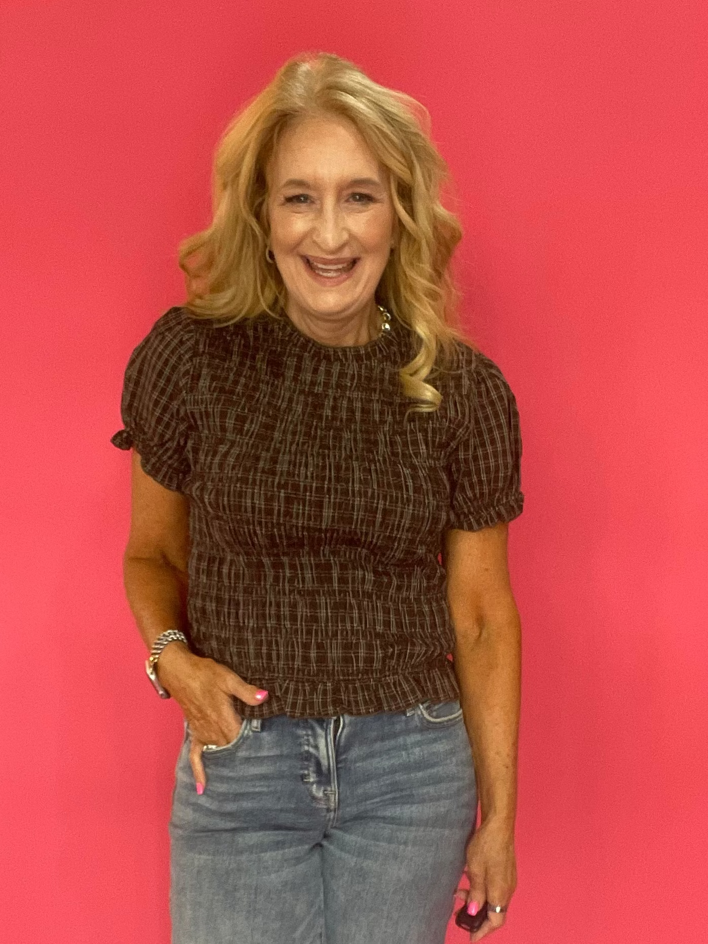 Plaid to Meet You Smocked Top in Brown