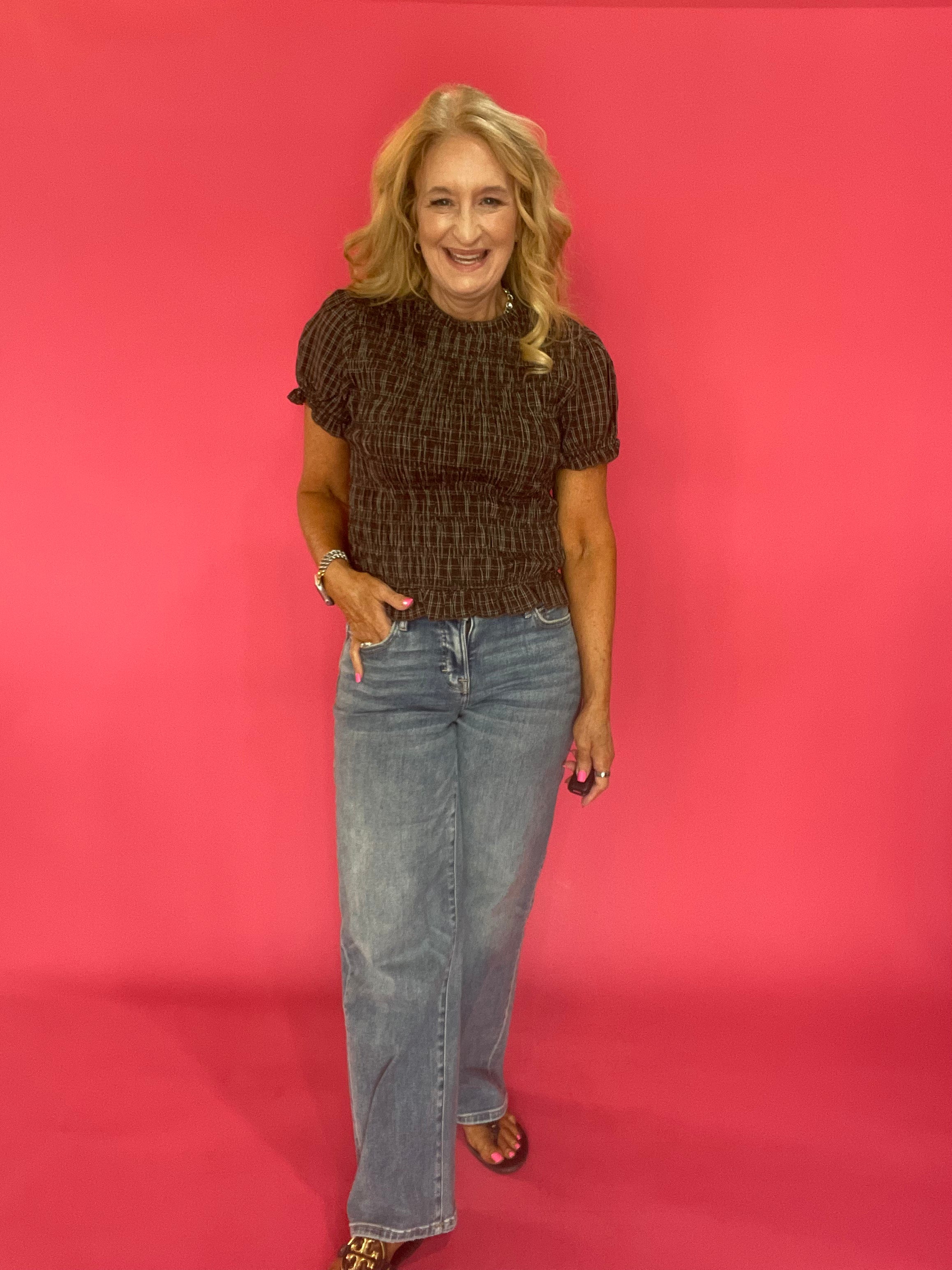 Plaid to Meet You Smocked Top in Brown