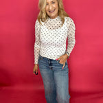 Playfully Polished Polka Dot Mesh Long Sleeve Top in White - Shabby 2 Chic Boutiques