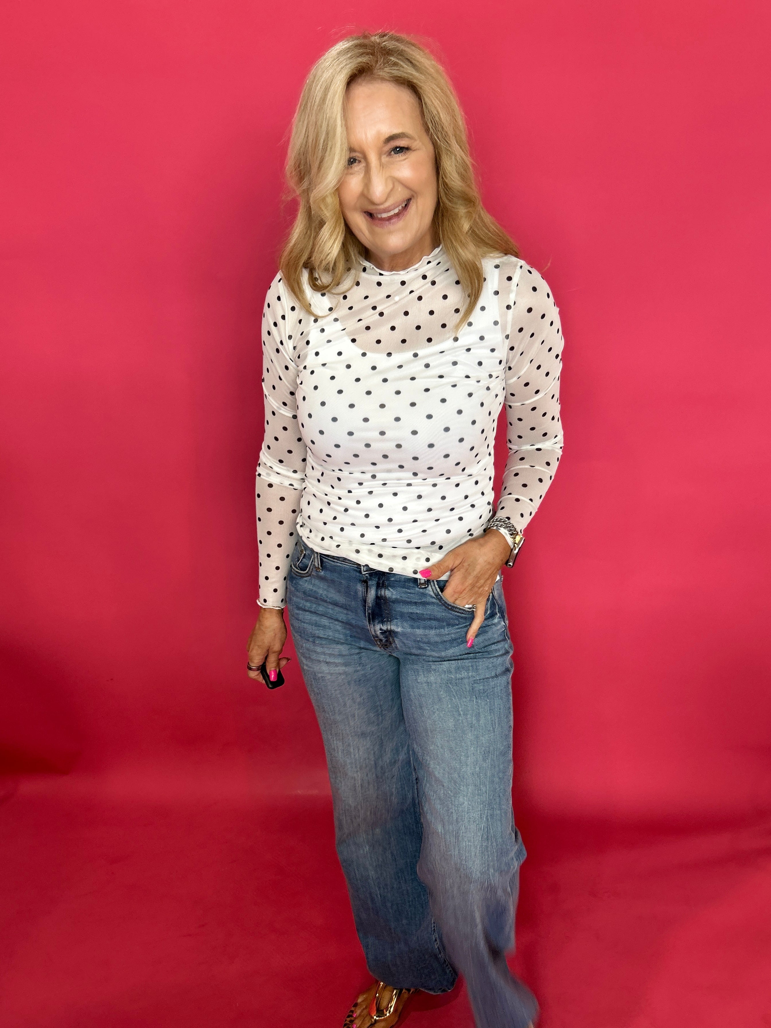 Playfully Polished Polka Dot Mesh Long Sleeve Top in White - Shabby 2 Chic Boutiques