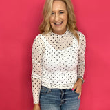 Playfully Polished Polka Dot Mesh Long Sleeve Top in White - Shabby 2 Chic Boutiques