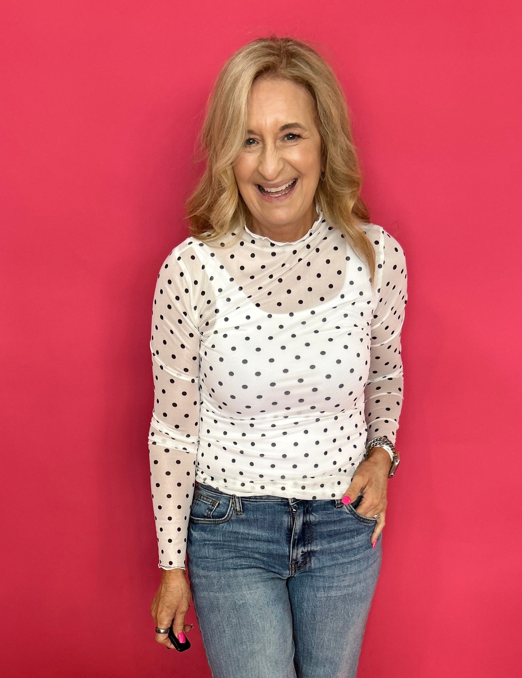 Playfully Polished Polka Dot Mesh Long Sleeve Top in White - Shabby 2 Chic Boutiques