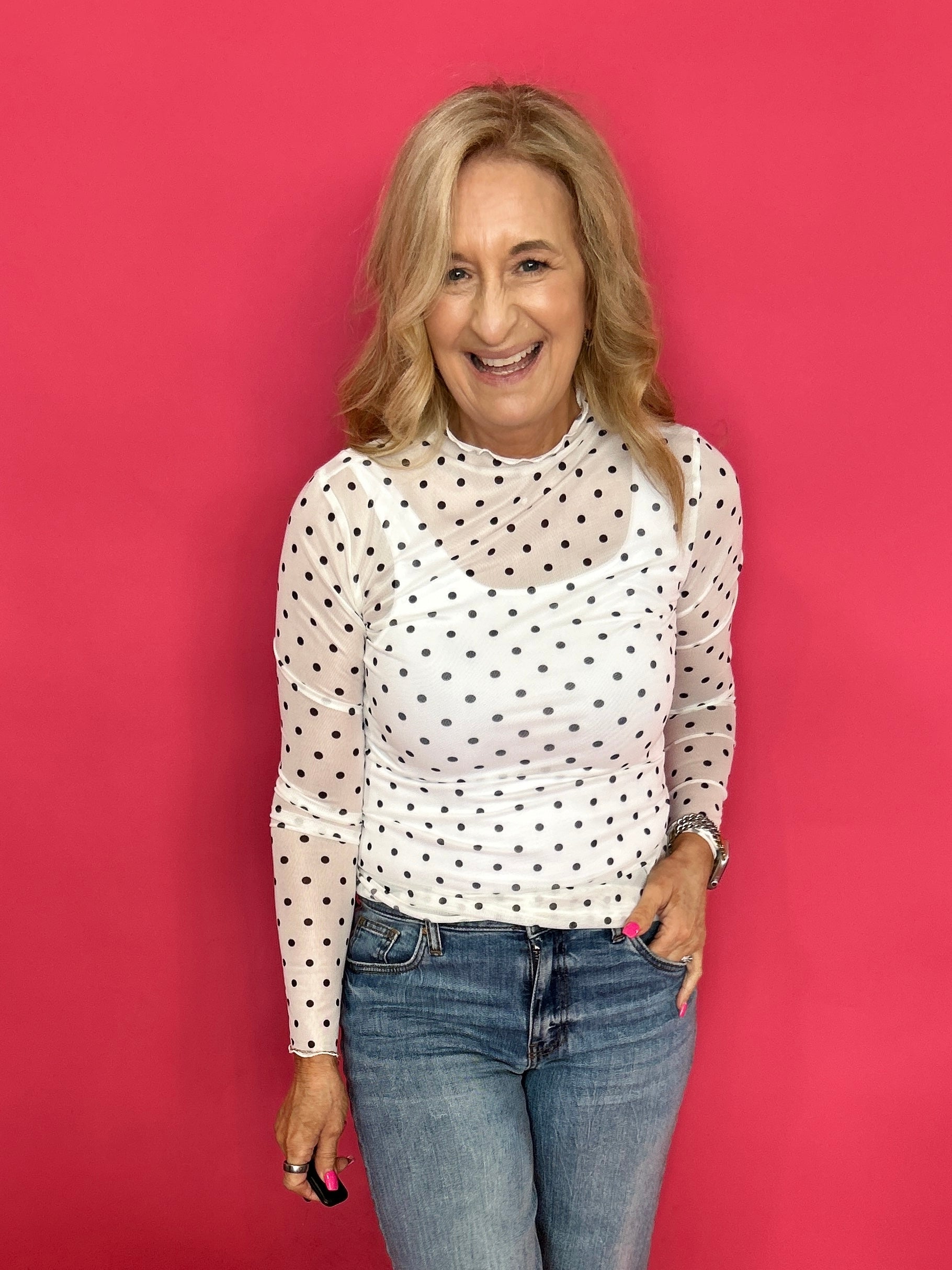 Playfully Polished Polka Dot Mesh Long Sleeve Top in White - Shabby 2 Chic Boutiques