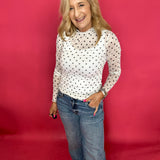 Playfully Polished Polka Dot Mesh Long Sleeve Top in White - Shabby 2 Chic Boutiques