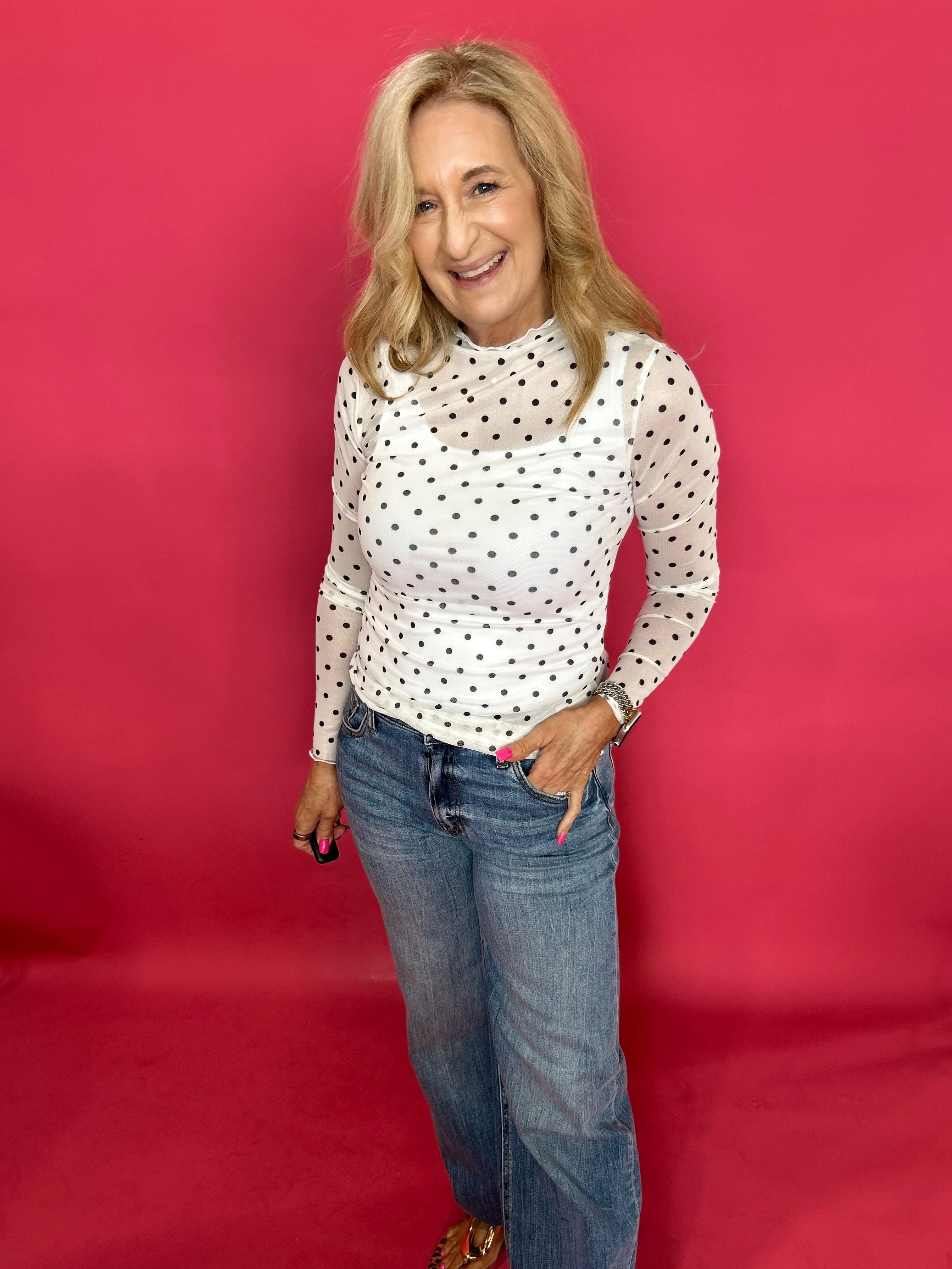 Playfully Polished Polka Dot Mesh Long Sleeve Top in White - Shabby 2 Chic Boutiques