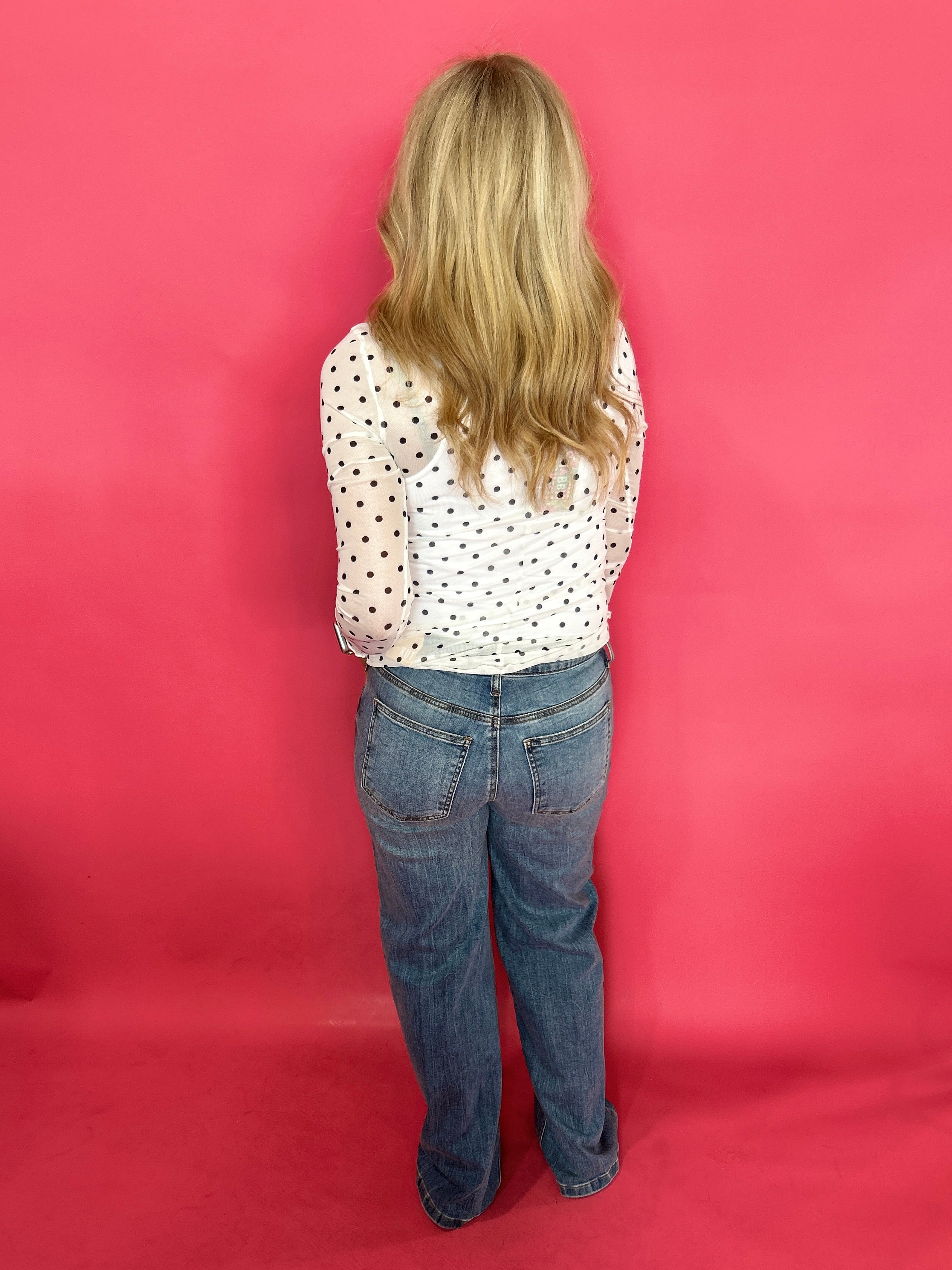 Playfully Polished Polka Dot Mesh Long Sleeve Top in White - Shabby 2 Chic Boutiques