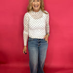 Playfully Polished Polka Dot Mesh Long Sleeve Top in White - Shabby 2 Chic Boutiques