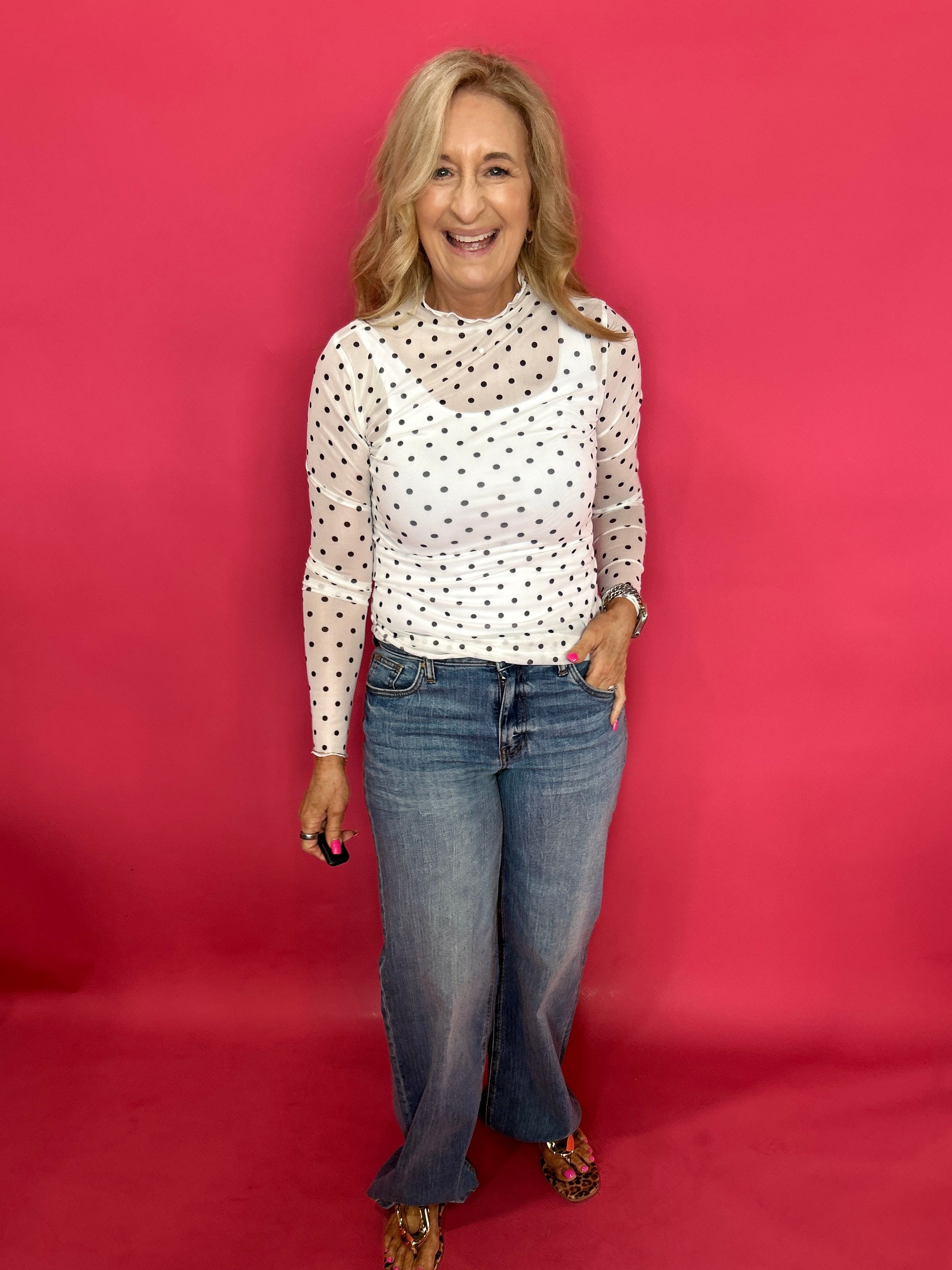 Playfully Polished Polka Dot Mesh Long Sleeve Top in White - Shabby 2 Chic Boutiques