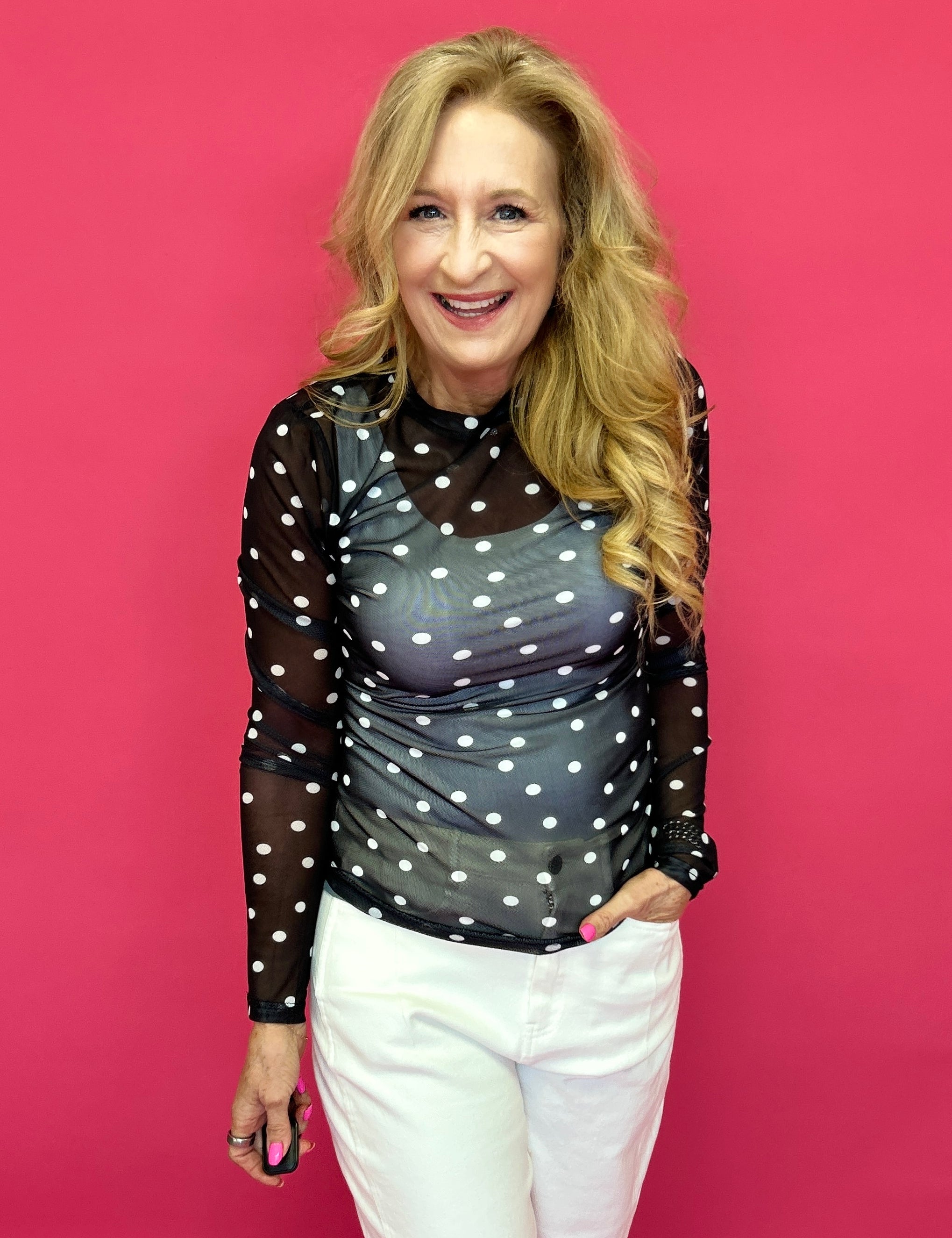 Playfully Polished Polka Dot Mesh Long Sleeve Top in Black - Shabby 2 Chic Boutiques