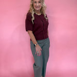 Pointelle Button Front Cardigan Sweater in Berry