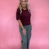 Pointelle Button Front Cardigan Sweater in Berry