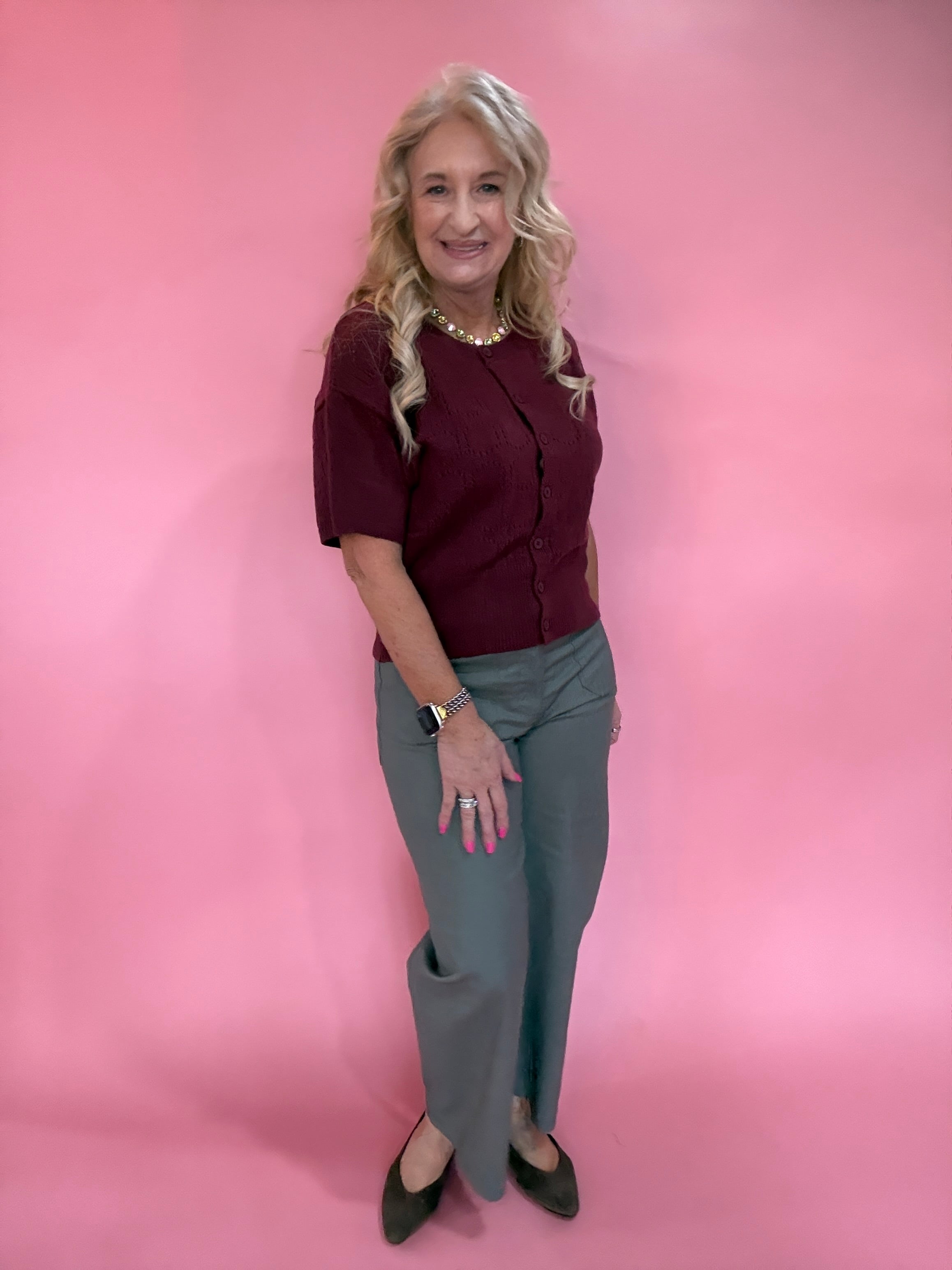 Pointelle Button Front Cardigan Sweater in Berry