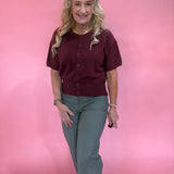 Pointelle Button Front Cardigan Sweater in Berry