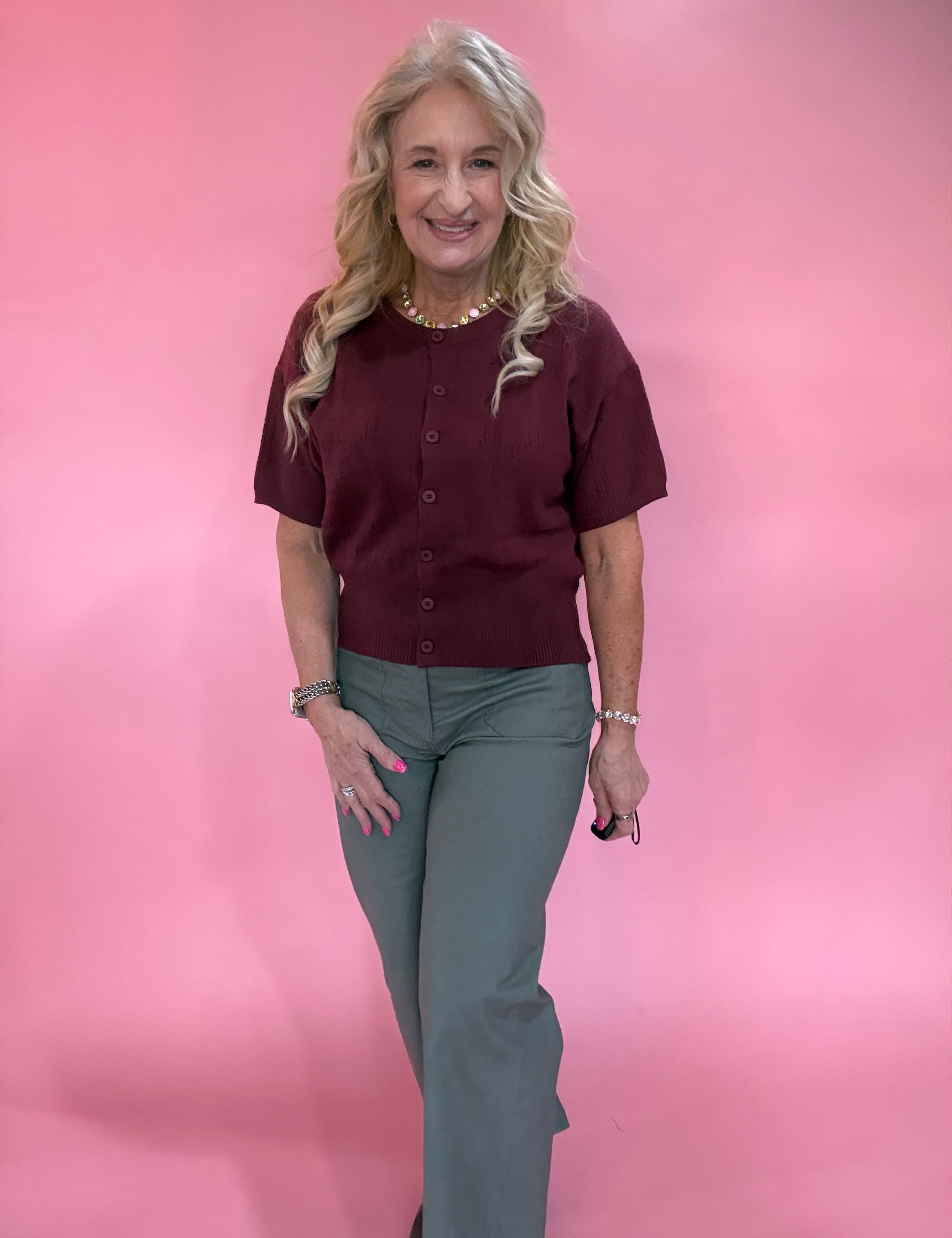 Pointelle Button Front Cardigan Sweater in Berry