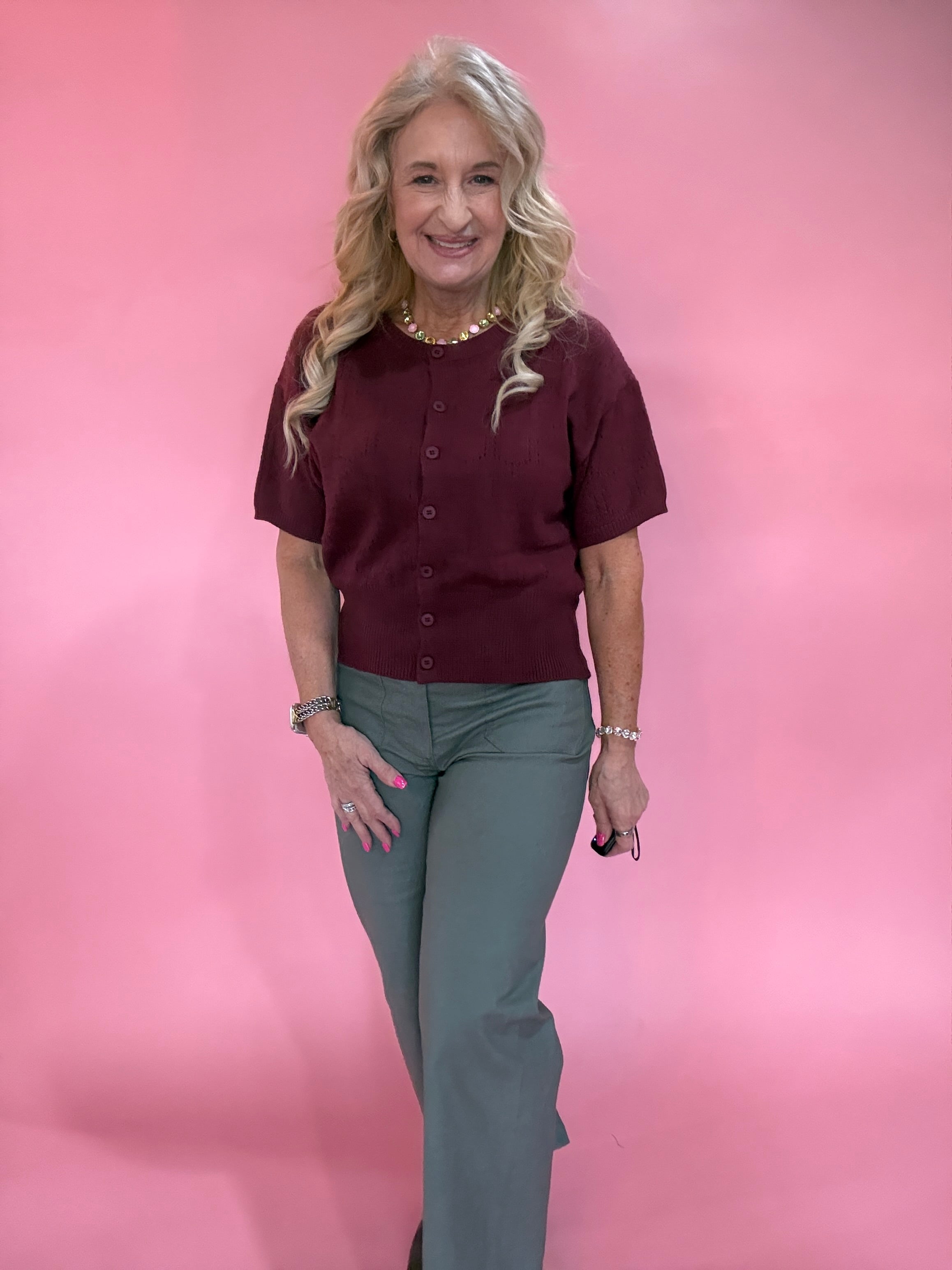 Pointelle Button Front Cardigan Sweater in Berry