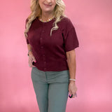 Pointelle Button Front Cardigan Sweater in Berry
